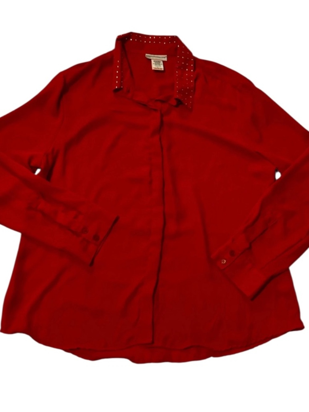 Vintage Rebecca Malone Red Collared Button Down Long Sleeve Blouse Size Large